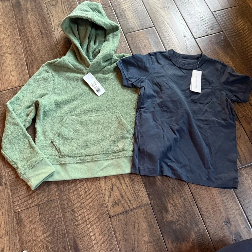 Outerknown Kids Bundle Green Towel Hoodie Medium & Navy Pocket T-Shirt Small NWT